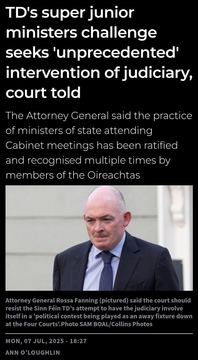 Mick Caul (@caulmick) on Twitter photo TD's super junior ministers challenge seeks 'unprecedented' intervention of judiciary, court told
Mr Daly's case claims the appointment of super junior ministers is "completely anti- democratic", and is a breach of various provisions of Bunreacht na héireann. TD's super junior ministers challenge seeks 'unprecedented' intervention of judiciary, court told
Mr Daly's case claims the appointment of super junior ministers is "completely anti- democratic", and is a breach of various provisions of Bunreacht na héireann.