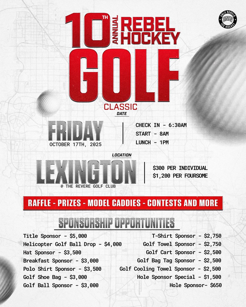 Teeing off a decade of our annual Golf Classic‼️⛳️

Support UNLV Hockey &amp; be part of a day full of community, competition, and Rebel pride! From raffles, to contests, and MORE! Don’t miss the fun on Friday, October 17th 🤩

Register with the link below 👇
unlvhockeygolfclassic.com