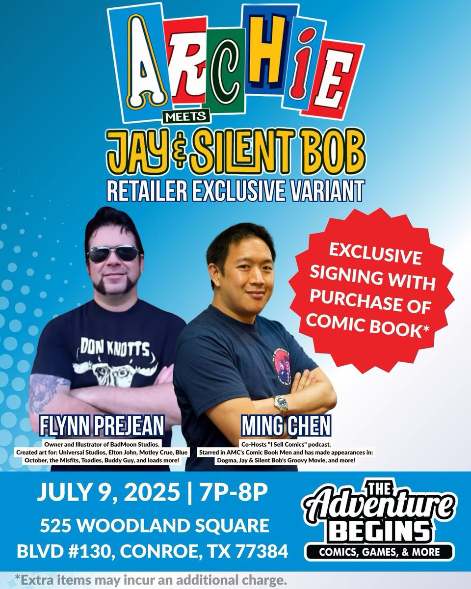 I’ll be signing copies of Archie meets Jay and Silent Bob at The Adventure Begins in Conroe TX on Wed July 9 from 7-8pm. The retailer exclusive cover features me with the Riverdale gang. 525 Woodland Sq Blvd Conroe TX.