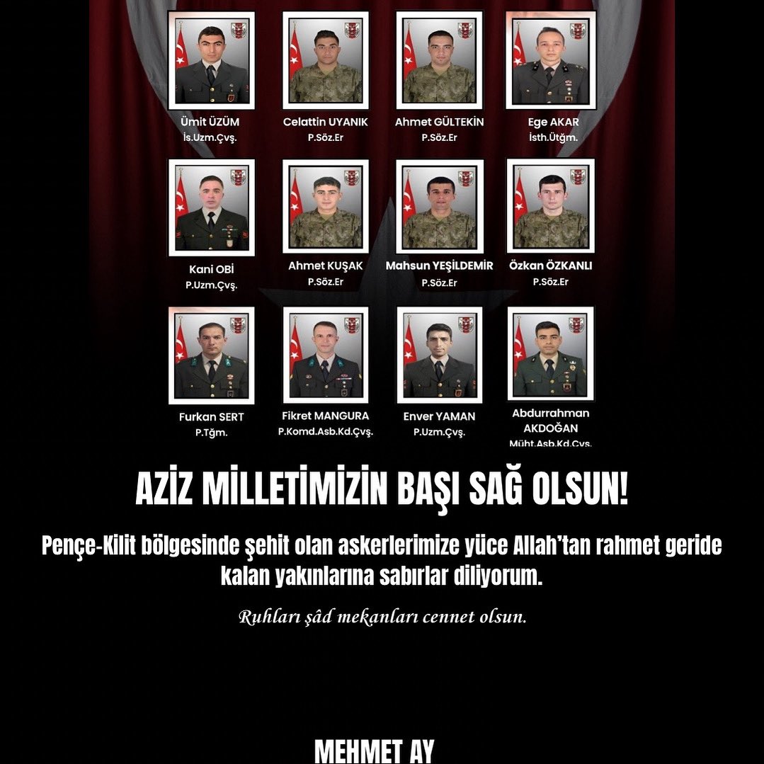 Aziz Milletimizin Başı Sağ Olsun!
Pençe-Kilit bölgesinde şehit olan askerlerimize yüce Allah’tan rahmet geride kalan acılı ailesine ve yakınlarına sabırlar diliyorum.
Ruhları şâd mekanları cennet olsun.
#şehit