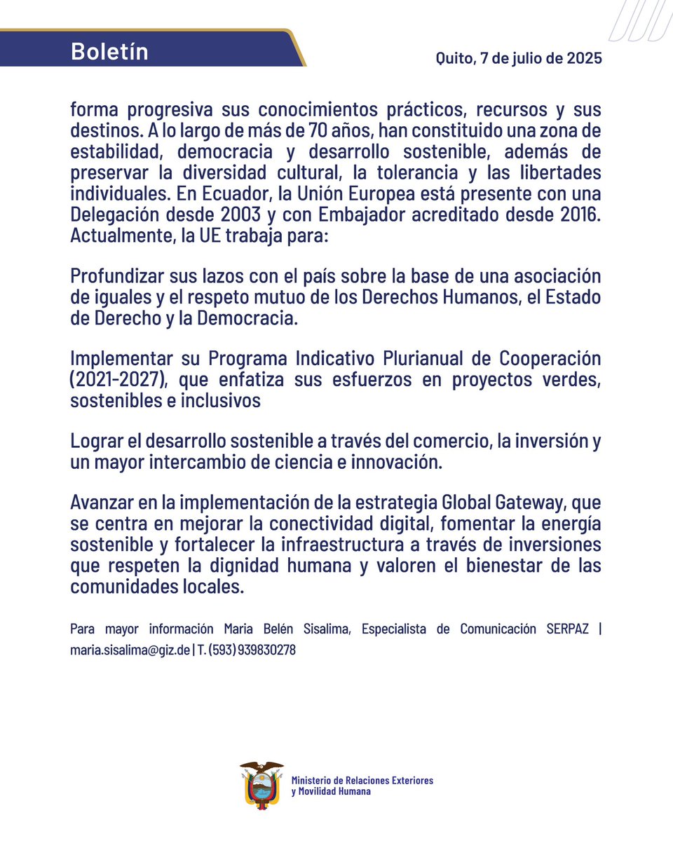 Boletín | Directora de Desarrollo Humano, Migración, Gobernanza y Paz de la Comisión Europea visita Ecuador para apoyar programas de paz y seguridad.