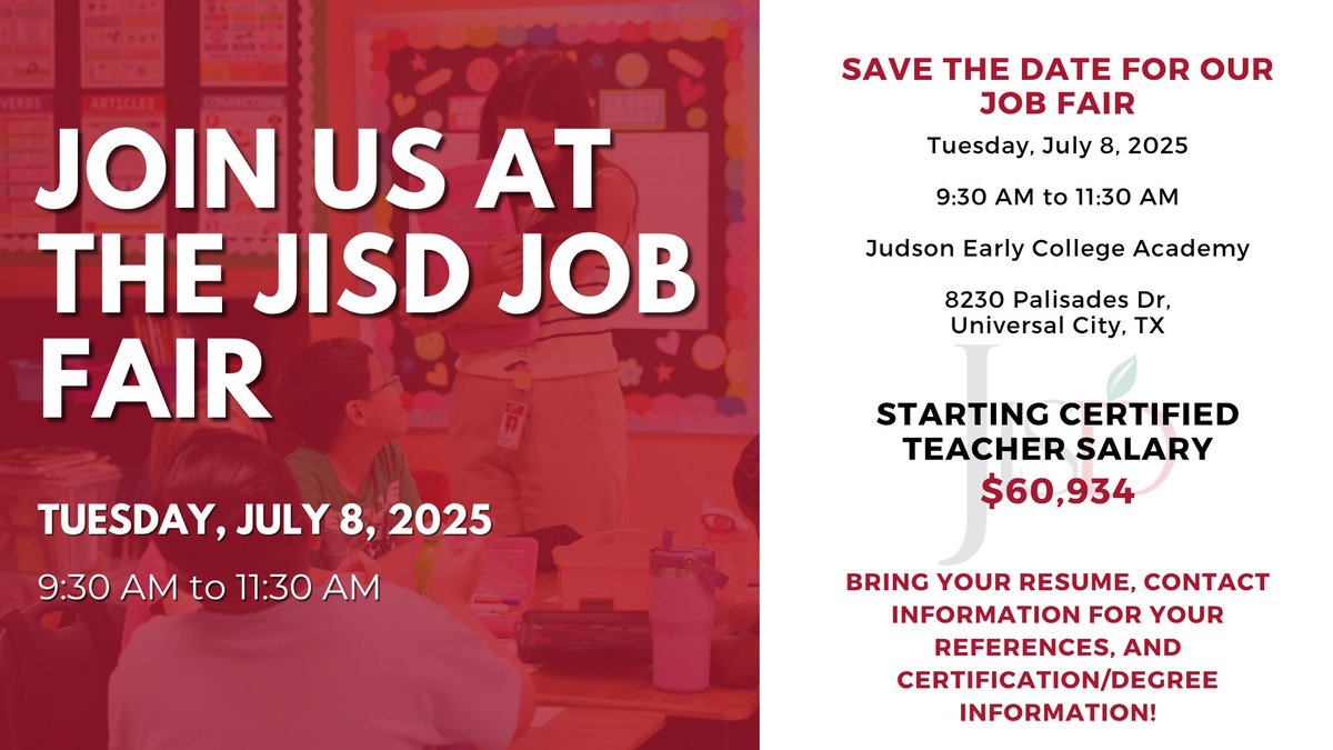 Judson ISD ๐ (@judsonisd) on Twitter photo Join the #JudsonISDFamily at the upcoming JISD Job Fair! ๐๐ซ
We offer comprehensive and affordable benefits, dynamic professional development, and job growth opportunities. We can't wait to see you!  #JudsonISD #JISD Join the #JudsonISDFamily at the upcoming JISD Job Fair! ๐๐ซ
We offer comprehensive and affordable benefits, dynamic professional development, and job growth opportunities. We can't wait to see you!  #JudsonISD #JISD