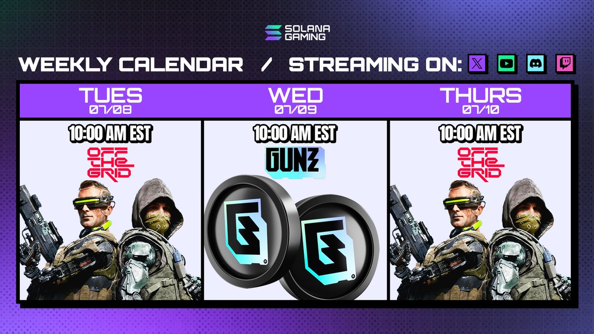 solanagaming's tweet photo. Solana Gaming Weekly Stream Schedule 🎮

Historic week, gamooors! We're streaming @playoffthegrid as well as conducting a live interview with the @GUNbyGUNZ team!

Additionally, make sure to jump into the Discord — we are playing OTG every day this week!

SOLANA GAMING SUPERCYCLE IS HERE 😤