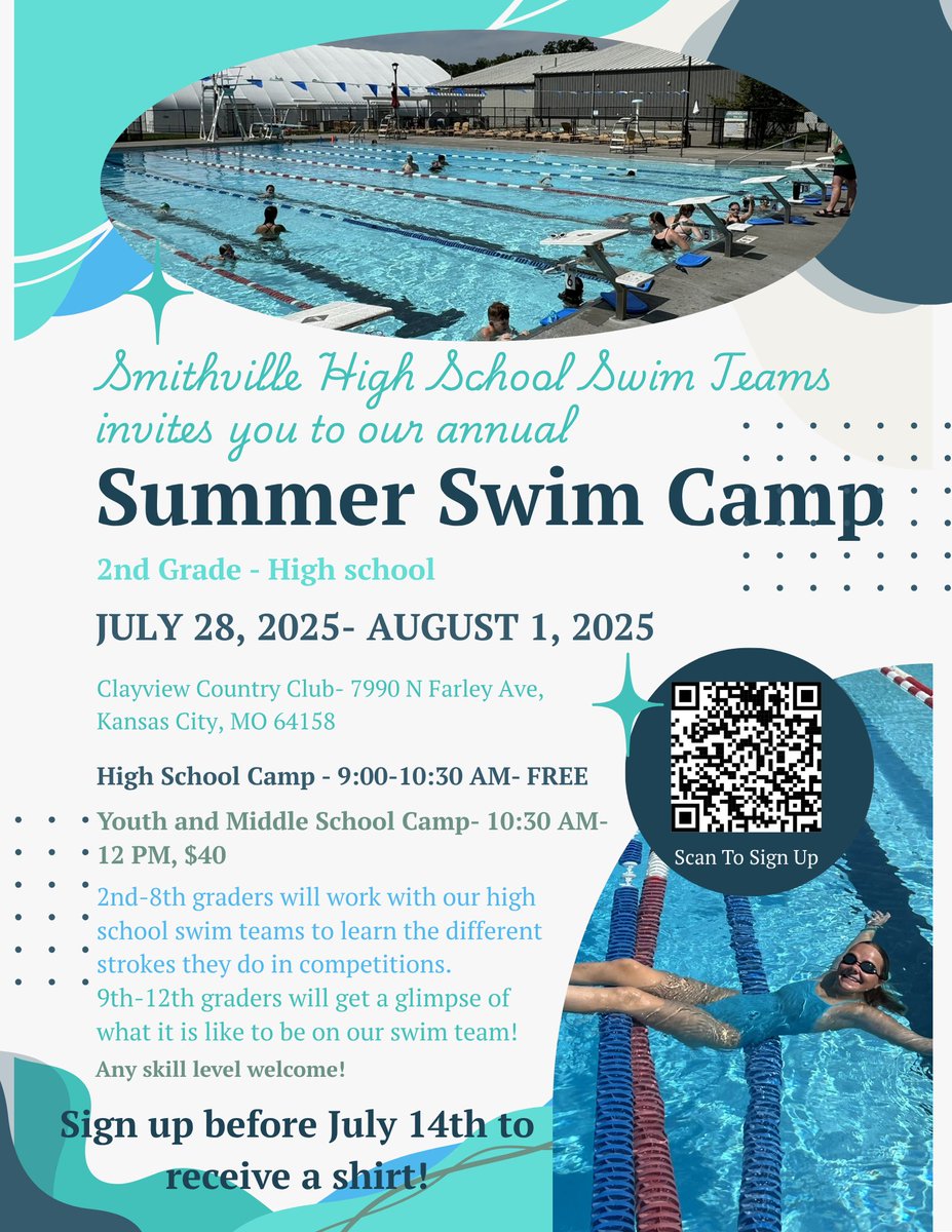 Two weeks until our swim camp! Today is the last day to sign up to guarantee for campers to receive a t-shirt! You can still sign up after today but unfortunately you will not be guaranteed a shirt.