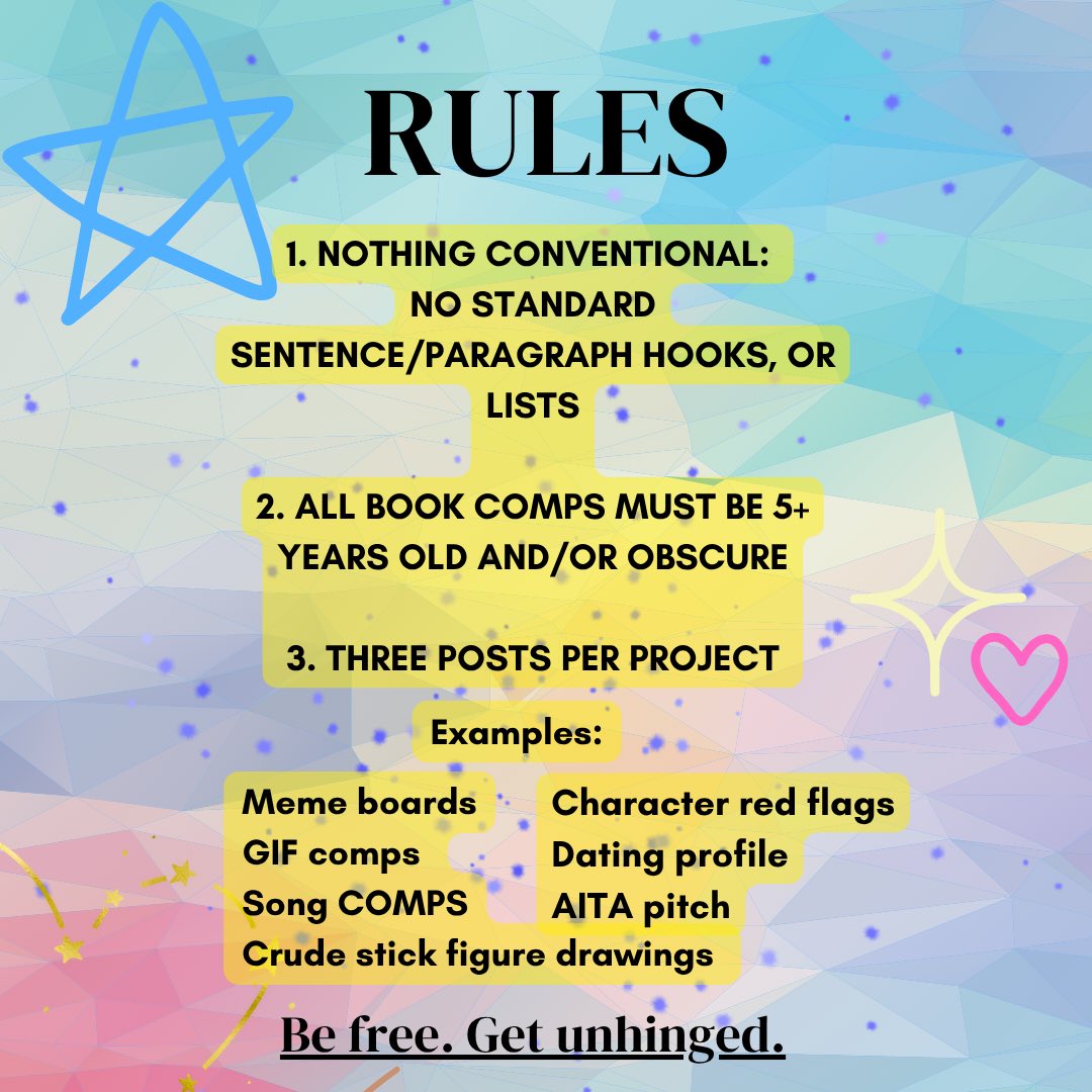 UnhingedPit's tweet image. Time for the rules reminder.
#UnhingedPit is open to EVERYONE in the #writingcommunity, designed for creators to let loose and express their work in a way that makes their heart flutter.
Questions? Ask away. While there’s still time.