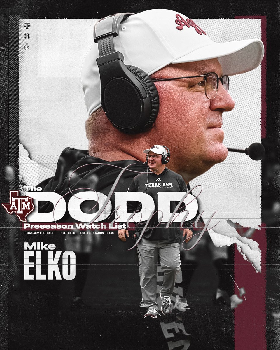 AggieFootball's tweet image. .@CoachMikeElko has been named to the @thedoddtrophy Preseason Watch List 🏆
🗞️ aggi.es/4eIbcMS