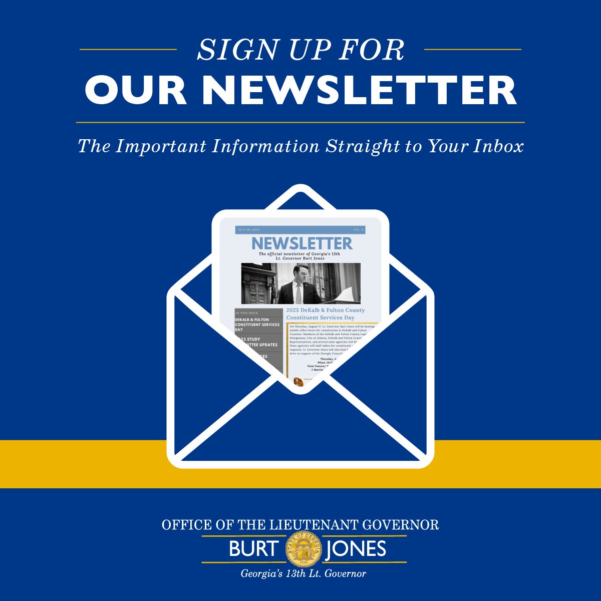 LtGovJonesGA's tweet image. Did you miss our June Newsletter?
Don’t worry, you can catch up and sign up to get future updates delivered straight to your inbox.
Read it here: ltgov.georgia.gov/press-releases… #gapol