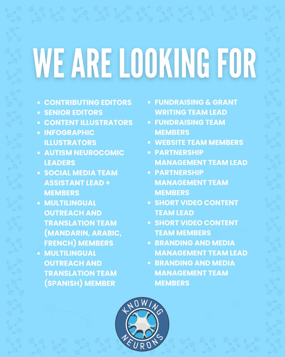 KnowingNeurons's tweet image. WE ARE HALFWAY THROUGH SUMMER RECRUITMENT!! That means there is only ONE WEEK left to submit your Knowing Neurons application. We are looking to fill many positions this cycle and would greatly appreciate your interest in joining our organization!
docs.google.com/forms/d/e/1FAI…