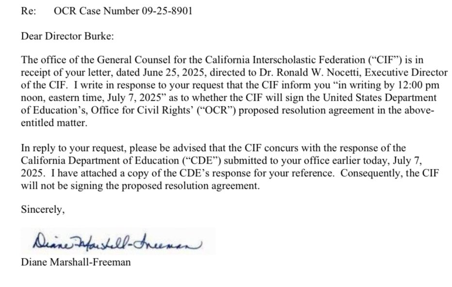 Secretary Linda McMahon (@edsecmcmahon) on Twitter photo California has just REJECTED our resolution agreement to follow federal law and keep men out of women's sports.Ā
Turns out Gov.Ā Newsomās acknowledgmentĀ thatĀ āitās an issue of fairnessā was empty political grandstanding.
<a href="/CAgovernor/">Governor Gavin Newsom</a>, you'll be hearing from <a href="/AGPamBondi/">Attorney General Pamela Bondi</a>. California has just REJECTED our resolution agreement to follow federal law and keep men out of women's sports.Ā
Turns out Gov.Ā Newsomās acknowledgmentĀ thatĀ āitās an issue of fairnessā was empty political grandstanding.
<a href="/CAgovernor/">Governor Gavin Newsom</a>, you'll be hearing from <a href="/AGPamBondi/">Attorney General Pamela Bondi</a>.