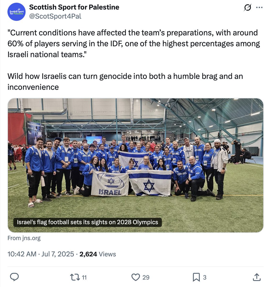 "Around 60% of players serving in the Israeli military."

How on earth can the Olympics and FIFA accept players and a team committing a genocide right now? And this is an extremely obvious violation of the statutes of both.

Sheer hypocrisy and racism. <a href="/FIFAcom/">FIFA</a>, explain this!!!