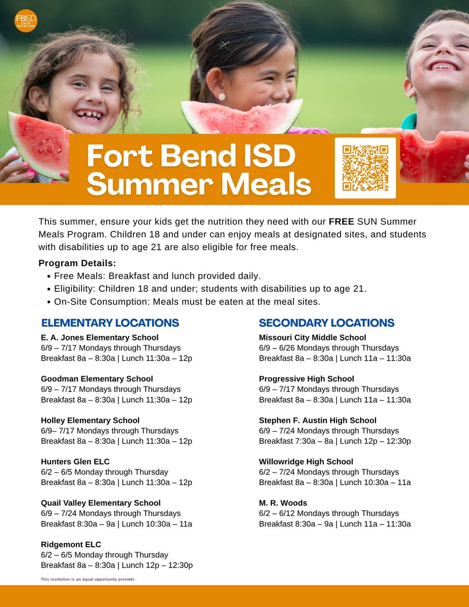 ☀️ Nourishing Smiles All Summer Long!
FBISD’s SUN Summer Meals Program has resumed, offering FREE breakfast and lunch to children 18 and under, and students with disabilities up to age 21.
✅ No sign-up required
✅ Eat on-site at select campuses
✅ Fuel up for a fun, active