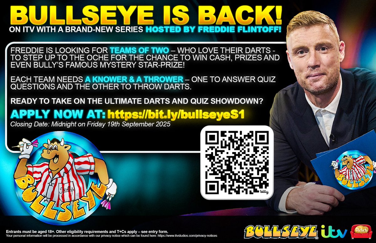 🎯 BULLSEYE IS BACK ON ITV! 

🤔 Think you and a mate have what it takes to win cash, prizes, and even Bully’s legendary Mystery Star Prize? 

📣 Freddie Flintoff is looking for teams of two: 🧠 1 Knower (quiz master) 🎯 1 Thrower (dart ace) 

🚀 Step up to the oche — apply now!