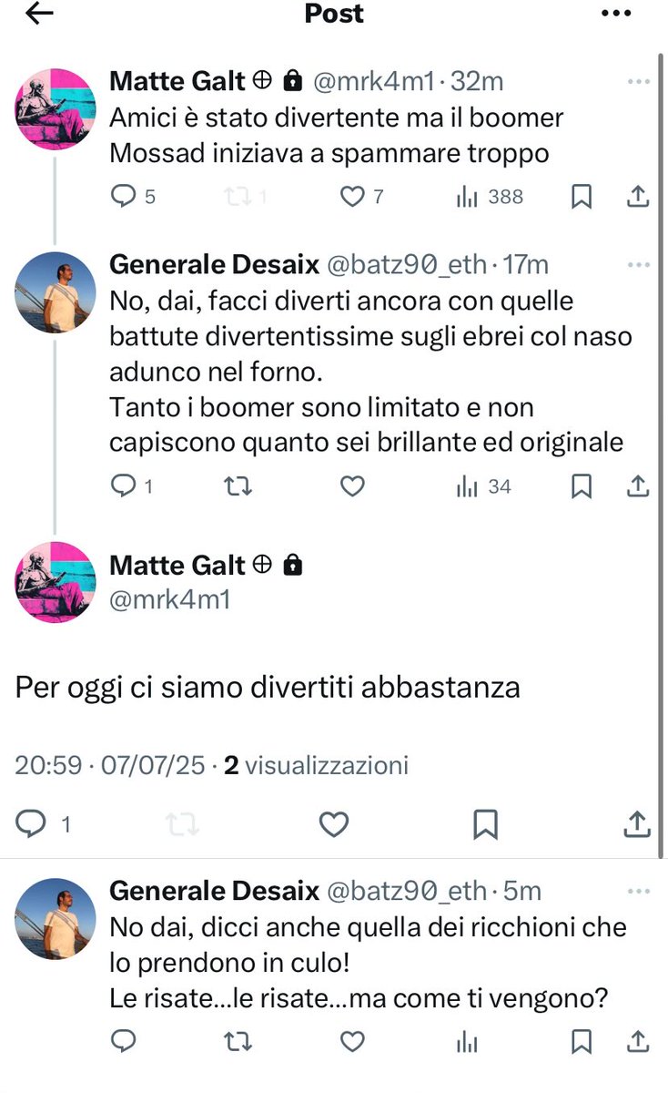 E niente il grande perculatore delle battutone sugli ebrei col naso adunco nei forni, e sui boomer che non capiscono il suo sarcasmo, non ama essere perculato dicendogli quanto è brillante e originale la battutona.
E blocca