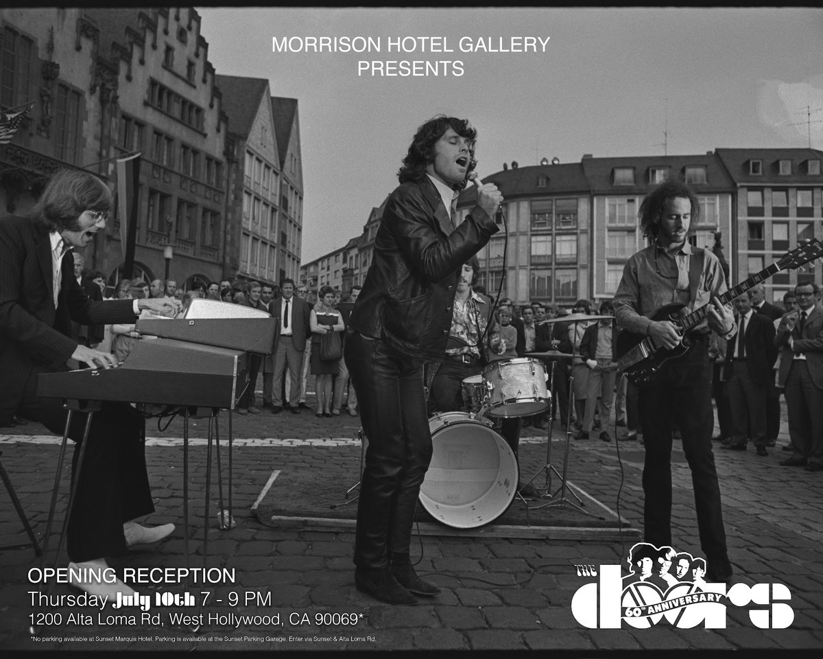 TheDoors's tweet image. This Thursday, July 10th, we’re celebrating 60 years of The Doors with a special exhibition in Los Angeles.
Opening at Morrison Hotel Gallery (@TheMHGallery) inside the Sunset Marquis, the show features rare images pulled from The Doors’ archive - many available as fine art…