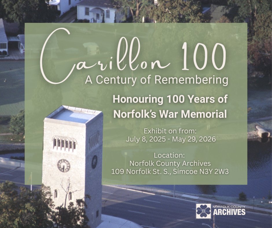 Our new exhibit "Carillon 100: A Century of Remembering" opens tomorrow! The exhibit explores the history of Norfolk's War Memorial <a href="/NorfolkCountyCA/">Norfolk County</a>. Drop in this summer to learn all about it <a href="/NorfolkArchives/">Norfolk County Archives</a> #archives #exhibits