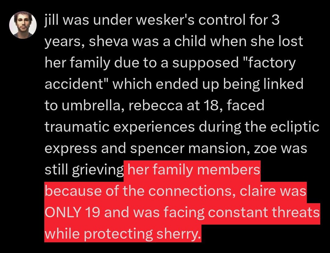 plumdkin's tweet image. wish more people talked about the trauma experienced by the women in resident evil instead of completely ignoring it. it&apos;s gotten to the point where more people only talk about the men&apos;s trauma...when most of the women had been through arguably so much worse.