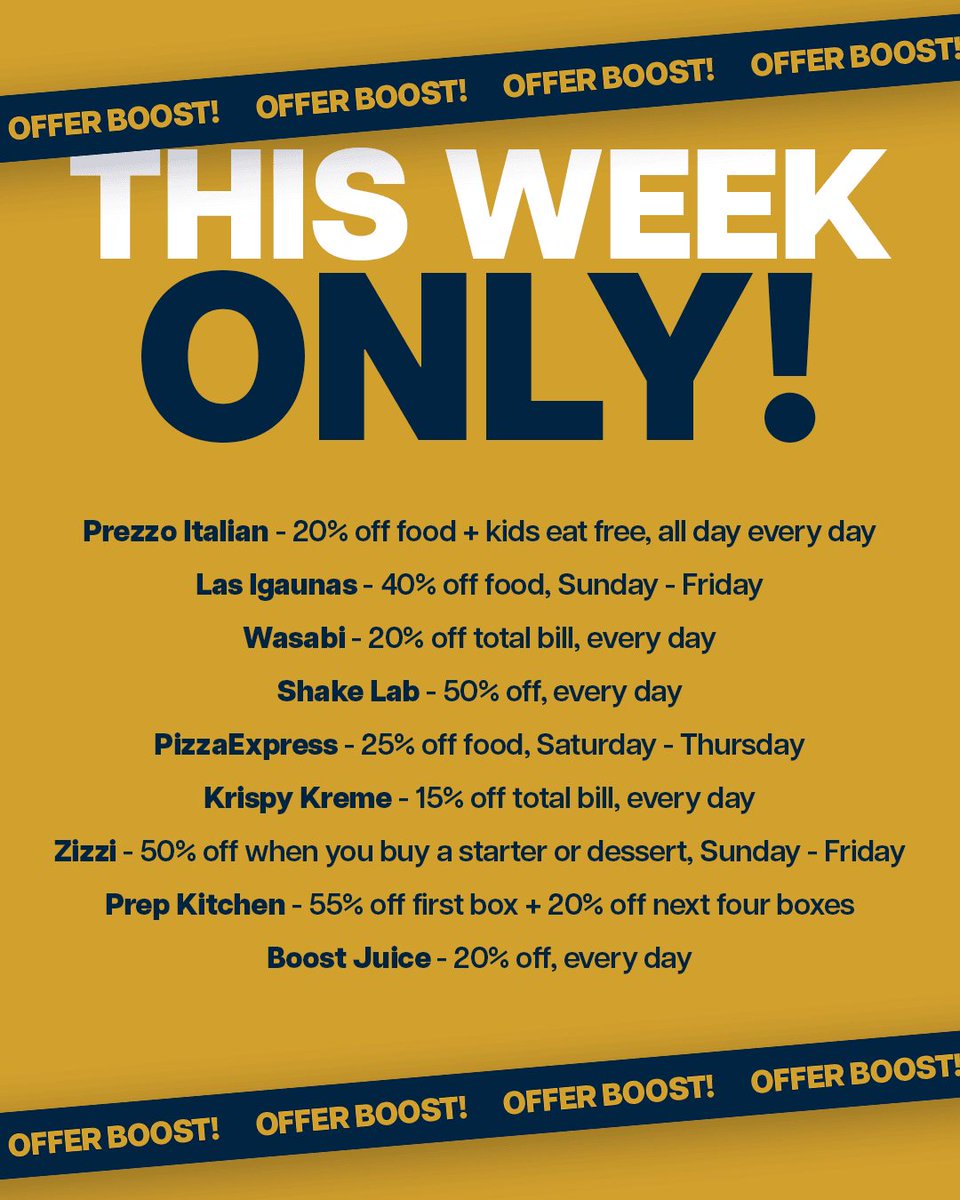 Defence Discount Service
How about a whole plate of food discounts to help take the edge off a long week?😋
Save BIG with all of these increased offers, available all week long😍
Which of these tasty offers takes your fancy the most?