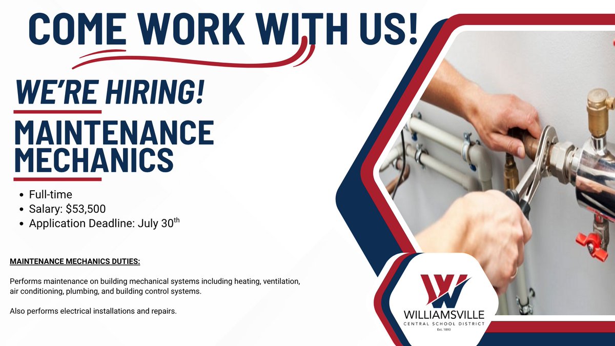 WCSD_K12's tweet image. We're hiring Maintenance Mechanics!
🏫: District-wide
📄: Application Information/Details - williamsville.schoolspring.com/?jobid=5268945
🗓️: Application Deadline - July 30th
