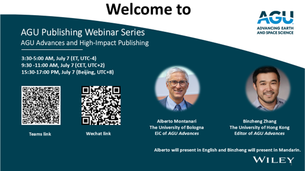 🗒️ AGU Advances rapidly publishes research from all fields of Earth and space sciences! Join our webinar on 7 July to learn more about high-impact publishing from the Editor-in-Chief of AGU Advances, Dr. Alberto Montanari and Editor of AGU Advances, Dr. Binzheng Zhang.

➡️