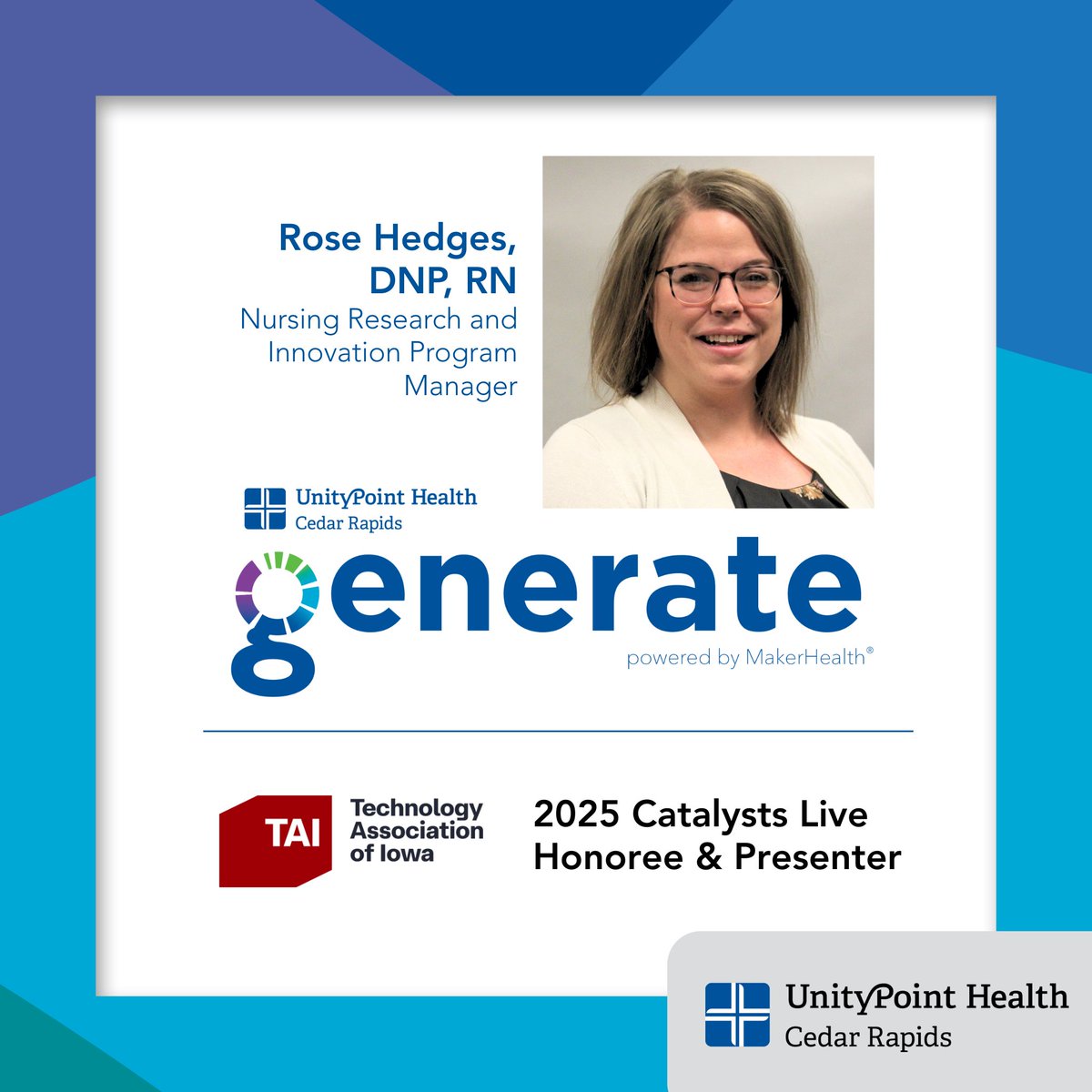 UnityPointCR's tweet image. St. Luke’s generate Lab will be an honoree at the 2025 Technology Association of Iowa 'Catalysts Live' event. Rose Hedges, St. Luke's Nursing Research and Innovation Manager will discuss how the Lab has inspired team member innovation. More at technologyiowa.org/2025-catalysts