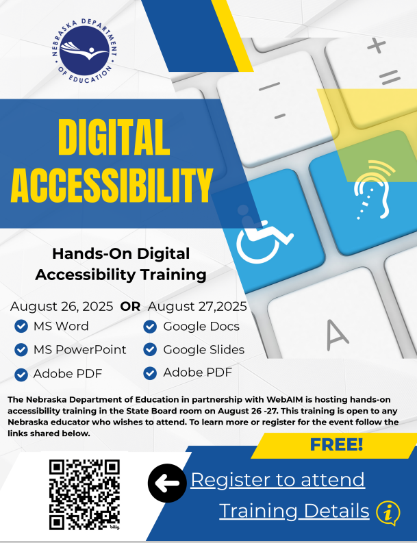 ESUCC's tweet image. 🔔 Attention ALL Educators & NDE Staff
🤯FREE 2‑Day Hands‑On Digital Accessibility Workshop!🗓️Choose either workshop day
Digital accessibility is required for all online content
#DigitalAccessibility #DigitalAccess #training #AccessibilityTraining #nebraskateachers @NDE_GOV