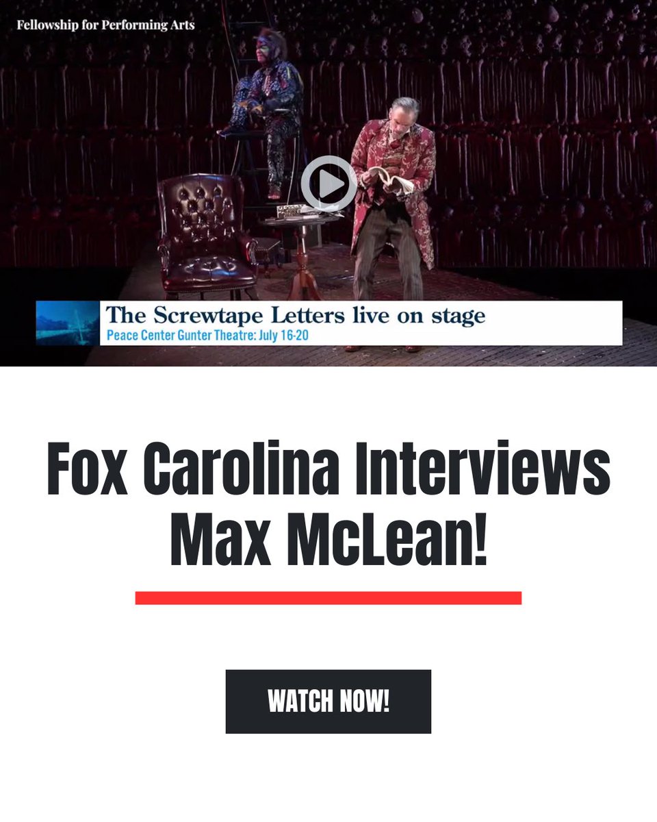 Max McLean sat down with Fox Carolina to talk about The Screwtape Letters and what audiences in Greenville can expect!

Don’t miss this interview! Watch it, share it and tag your friends in the Greenville area! bit.ly/3Gn6GXl