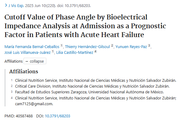 INCMNSZ_DirInv's tweet image. Hallazgos en el valor de corte del ángulo de fase mediante análisis de impedancia bioeléctrica al ingreso como factor pronóstico en pacientes con insuficiencia cardíaca aguda. Participación del @incmnszmx Ma. Fernanda Bernal Ceballos y cols.