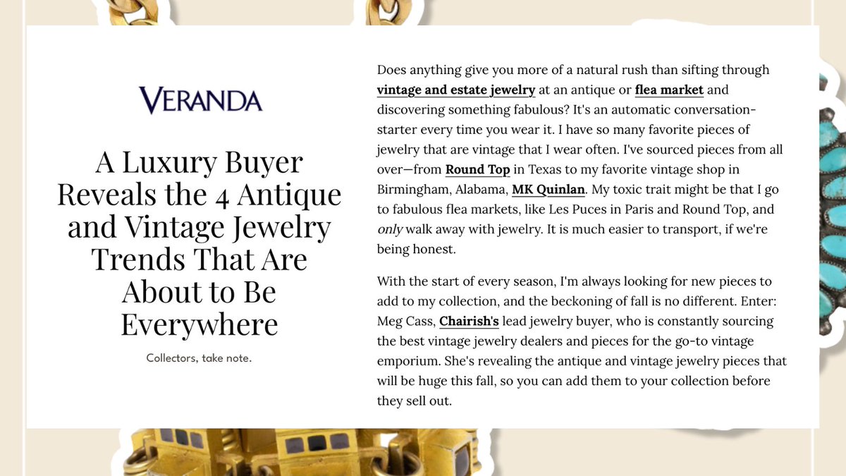 #Chairish’s lead jewelry buyer, Meg Cass, spoke to
<a href="/VERANDAmag/">VERANDA</a> and revealed 4 antique &amp; vintage jewelry trends set to define fall. Tap the link for a glittering glimpse into the future.💎✨

social.chairish.com/vintage-jewelr…