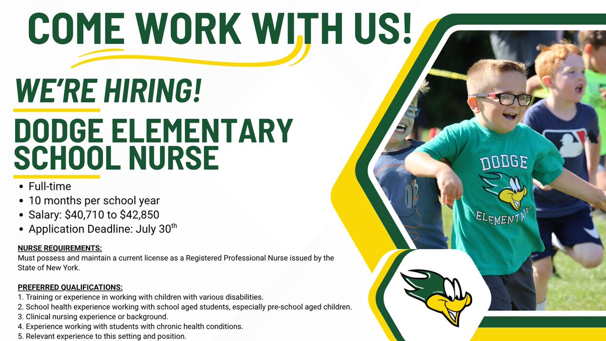 WCSD_K12's tweet image. We're hiring school nurses!
🏫: Universal Pre-K (District-wide) and at Dodge Elementary
📄: Application Information/Details - williamsville.schoolspring.com
🗓 : Application Deadline - July 30th