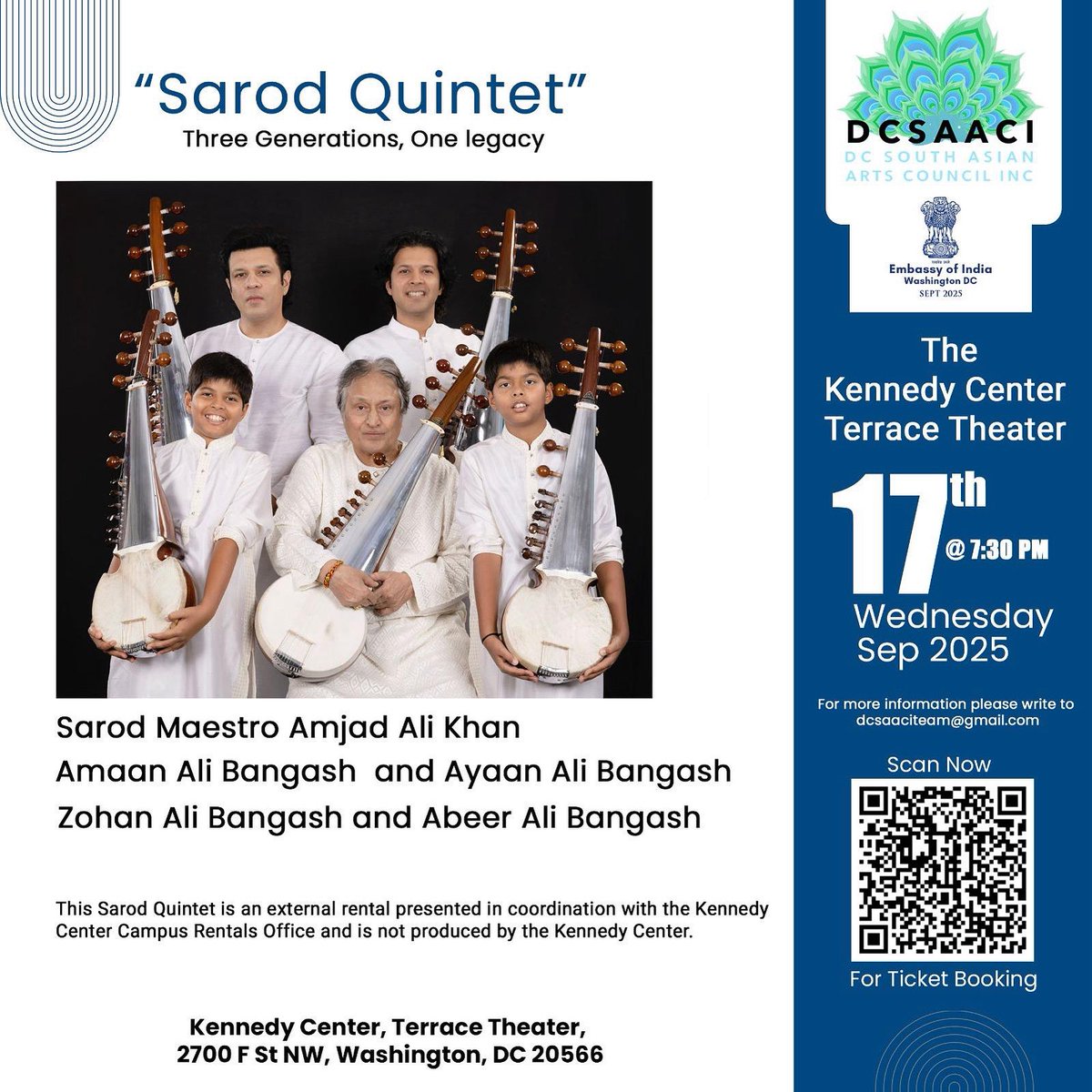 AAKSarod's tweet image. SAROD QUINTET - THREE GENERATIONS, ONE LEGACY The Sarod Quintet: Three Generations, One Legacy in a rare multigenerational performance celebrating India’s enduring musical heritage. Tickets go on sale today, Monday July 7 🎟️ kennedy-center.org/.../amjad-ali-…