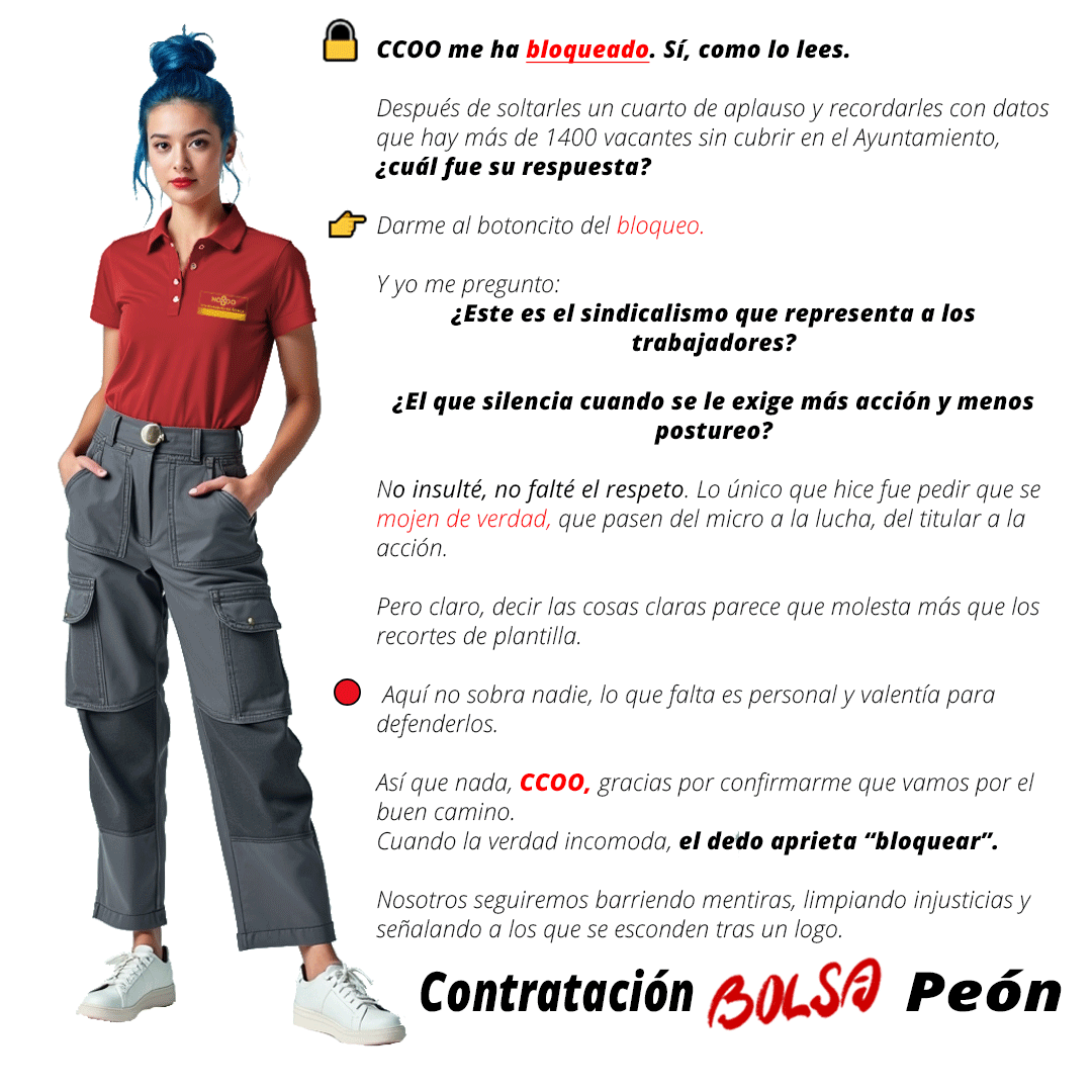 NoSaeNaX's tweet photo. @OTROAYTOESPOS 📢¡NOTICIA!
@ccooaytodesevil
me ha bloqueado por decir que faltan más de 1400 contrataciones en el Ayuntamiento, 140 de ellas en limpieza. Nada de insultos, solo verdades con arte. Cuando no hay argumentos… llega el dedito del BLOQUEO ON. https://t.co/LU9DAR668J