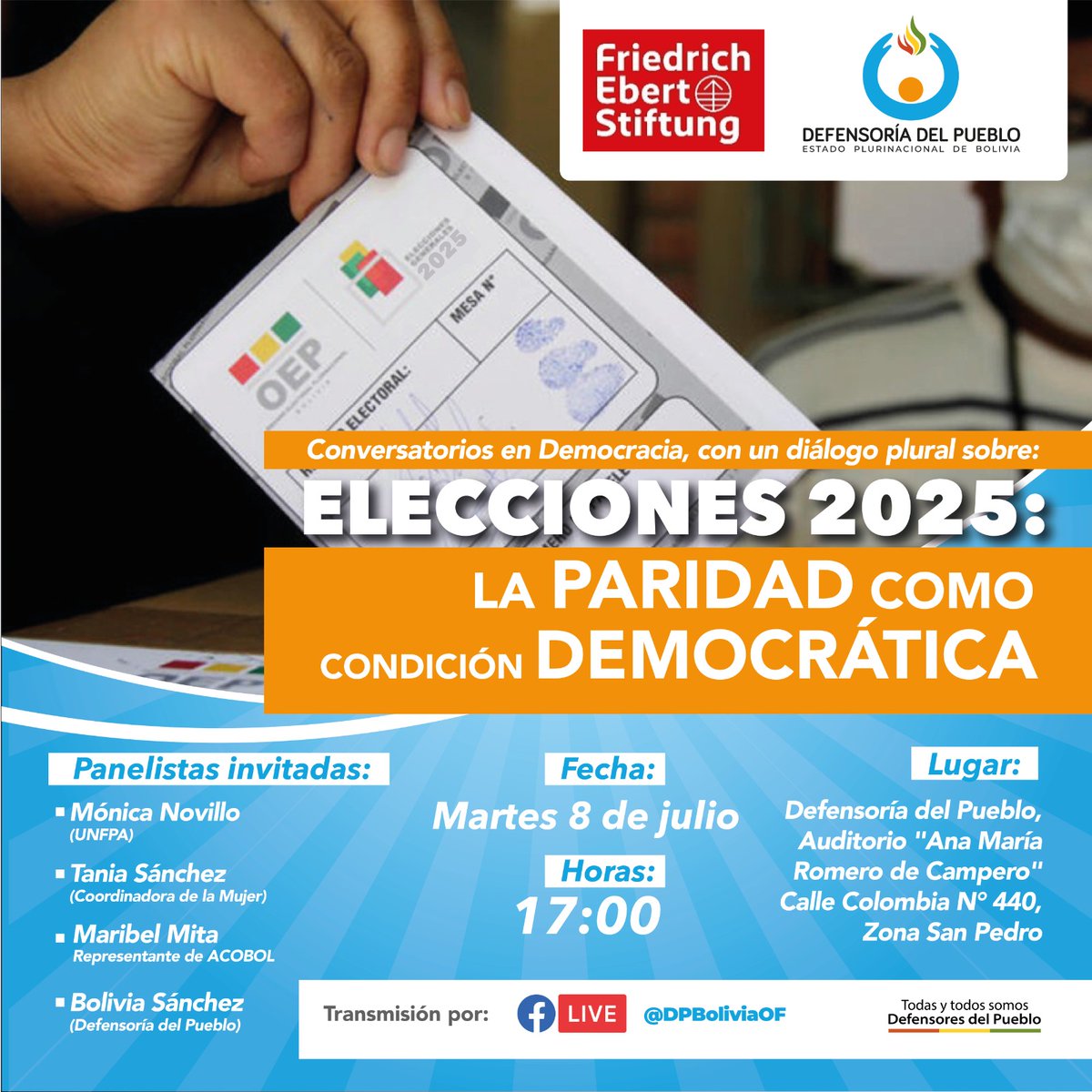 #EleccionesGenerales202
𝗖𝗼𝗻𝘃𝗲𝗿𝘀𝗮𝘁𝗼𝗿𝗶𝗼𝘀 𝗲𝗻 𝗗𝗲𝗺𝗼𝗰𝗿𝗮𝗰𝗶𝗮: "𝗘𝗹𝗲𝗰𝗰𝗶𝗼𝗻𝗲𝘀 𝟮𝟬𝟮𝟱: 𝗟𝗮 𝗽𝗮𝗿𝗶𝗱𝗮𝗱 𝗰𝗼𝗺𝗼 𝗰𝗼𝗻𝗱𝗶𝗰𝗶𝗼́𝗻 𝗱𝗲𝗺𝗼𝗰𝗿𝗮́𝘁𝗶𝗰𝗮".  
🗓️ martes 8 de julio, a las 17:00
📍 Salón Auditorio Defensoría del Pueblo, La Paz