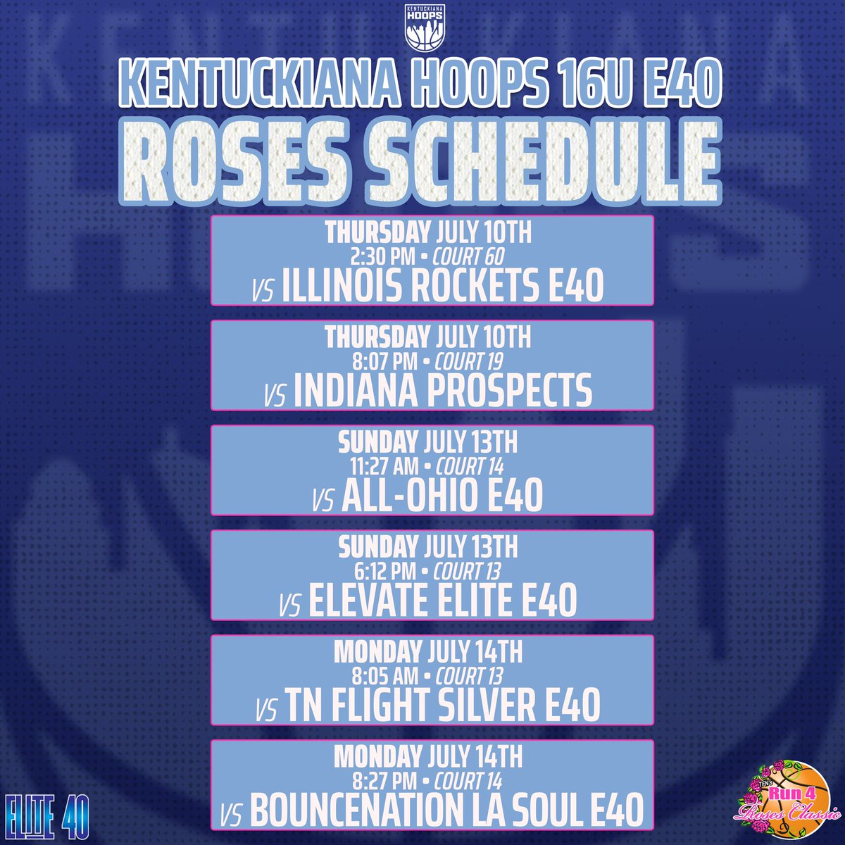 Kentuckiana Hoops Girls AAU (@kyin_hoops_gbb) on Twitter photo Itβs <a href="/TFNsRun4Roses/">TFN's Run 4 Roses</a> time right here in our hometown of Louisville!
Come watch our Kentuckiana Hoops 16U girls compete in the Roses Classic tournament, and in the <a href="/Elite40League/">Elite 40 League</a> at the Roses Championship!
πΉππΉππΉππΉππΉπ Itβs <a href="/TFNsRun4Roses/">TFN's Run 4 Roses</a> time right here in our hometown of Louisville!
Come watch our Kentuckiana Hoops 16U girls compete in the Roses Classic tournament, and in the <a href="/Elite40League/">Elite 40 League</a> at the Roses Championship!
πΉππΉππΉππΉππΉπ