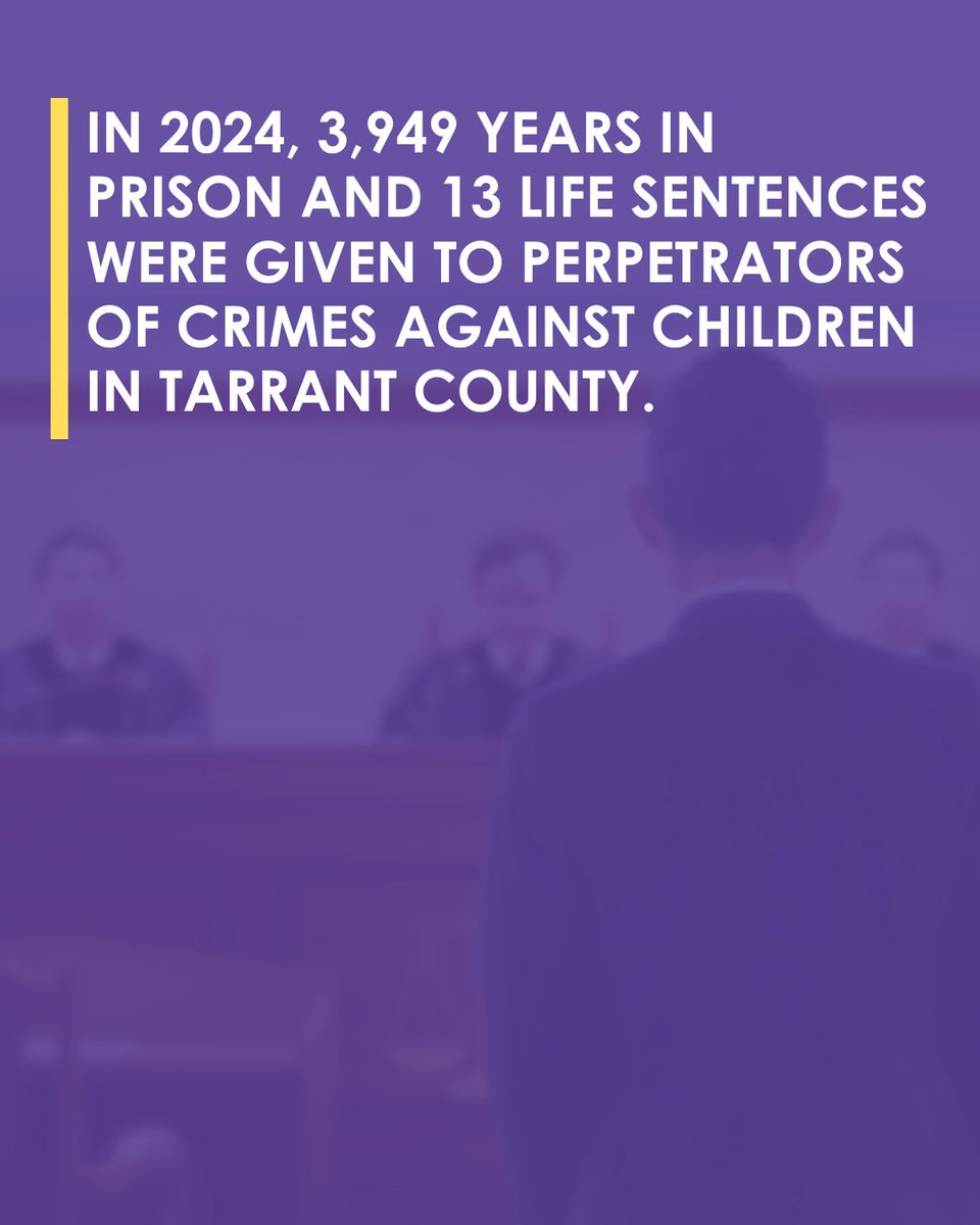 afc_tarrant's tweet image. Our MDT staff and partners continuously aid in seeking justice for Tarrant County child abuse victims through multiple lanes. Due to their dedication, in 2024, 3,949 years in prison and 13 life sentences were handed out to perpetrators of crimes against our area’s children.