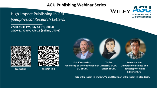 💡 Join Editor-In-Chief and two Senior Editors of Geophysical Research Letters (GRL) on Monday, 14 July 22:00-23:30 ET to discuss high-impact publishing in GRL! Scan the QR code and register for the webinar for FREE in 1 minute: lite.spr.ly/6000JDl0