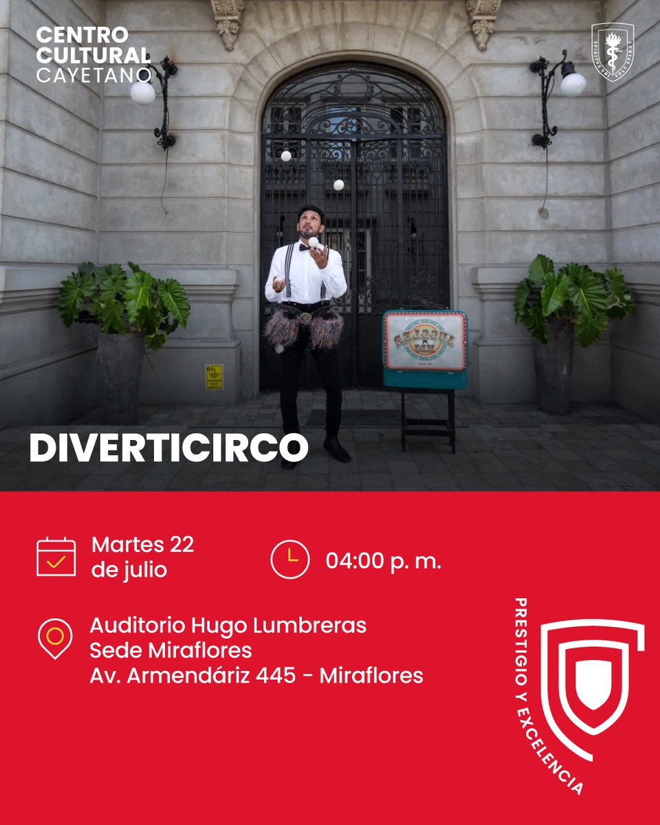 Los Bomberos Voluntarios del Perú están invitados al show gratuito Diverticirco del Centro Cultural Cayetano Heredia. Martes 22 de julio, 4:00 p. m., Auditorio Hugo Lumbreras, Av. Armendáriz 445 – Miraflores. Previa inscripción en bomberosperu.bio.link