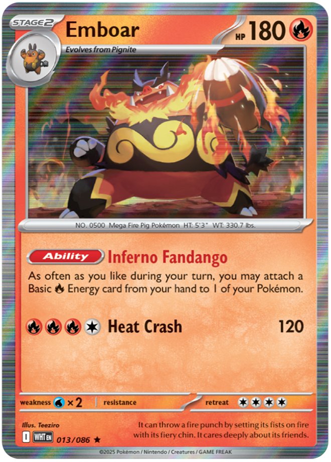 PokemonTCG's tweet image. Emboar, Pignite and Tepig are ready to ignite the battlefield 🔥🐽 #WhiteFlare