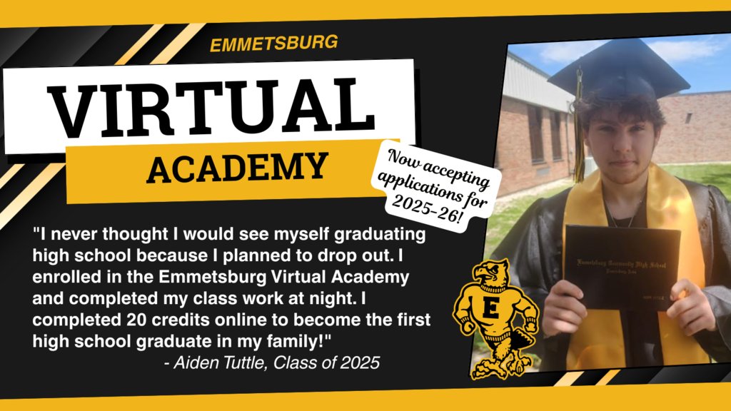 The Emmetsburg Virtual Academy helps students graduate by offering a flexible way to complete classes. ✅

Aiden Tuttle enrolled in the program &amp; became the first person in his family to graduate in 2025!

Learn more: e-hawks.org/page/emmetsbur…