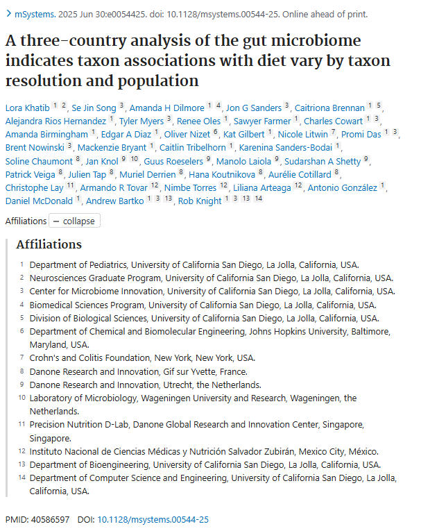 INCMNSZ_DirInv's tweet image. Un análisis del microbioma intestinal en tres países indica que las asociaciones de taxones con la dieta varían según la resolución del taxón y la población. Participación del @incmnszmx , Armando R Tovar y cols.