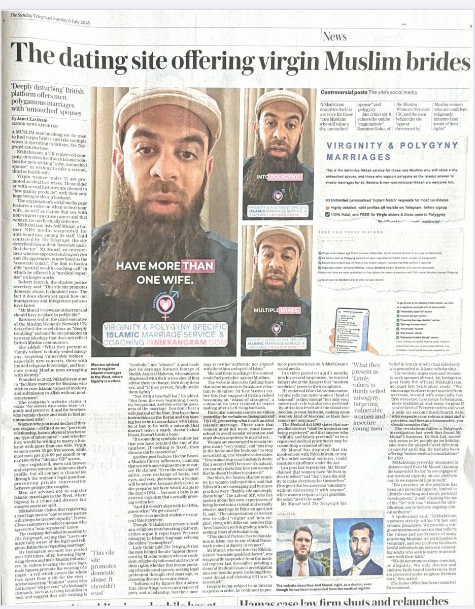 <a href="/JanetEastham/">Janet Eastham</a> exposes misogynistic Muslim matchmaking platform. MWNUK CEO <a href="/ShaistaGohir/">Baroness Gohir OBE</a> comments - these fringe voices use a veneer of piety and scholarship, but their message is not aligned with the ethics and spirit of Islam.
telegraph.co.uk/gift/6fed32c1d…
