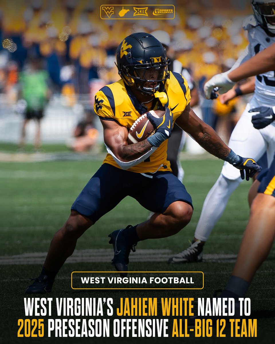West Virginia’s Jahiem White lands on the 2025 Preseason Offensive All-Big 12 Team after leading #WVU in rushing last season. 

Link 🔗 gowvu.us/oem