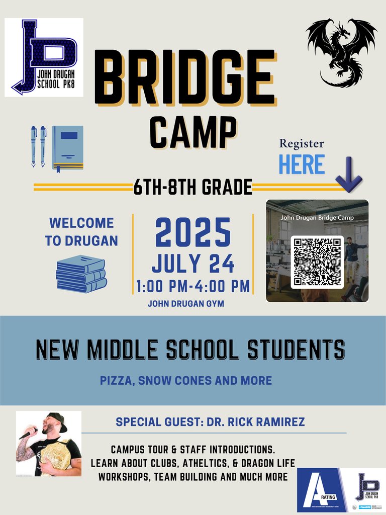 Attention all 6th Graders.  Register today for your Middle School Bridge Camp. Learn how to get involved, tour our campus and listen to our guest speaker.  All NEW 7-8th graders new to JDS are also encourage to attend.  Register here

forms.office.com/r/Ed3fd3g5pL