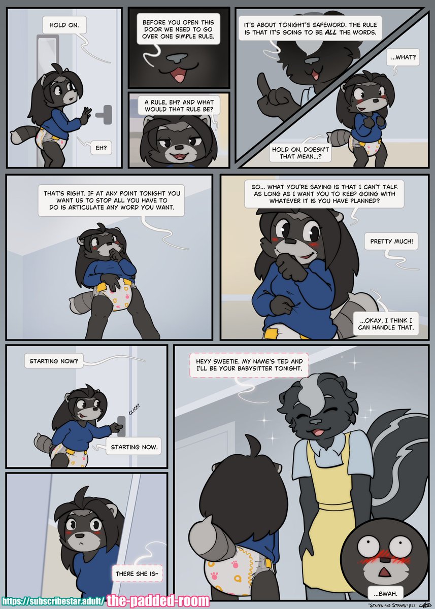 Stripes and Straps page 27 
Support the comic and get access to the five next pages immediately by subscribing on my Substar (and whatever other art and extras I post there) A new page is uploaded every monday!