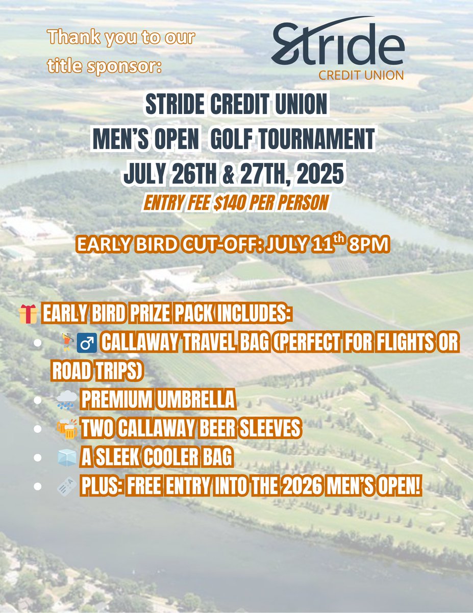 🚨Early Bird Prize just got WILD!🚨

Sign up + pay for the 2025 Stride CU Men’s Open by Friday @ 8PM to win:

🎒 Callaway travel bag
☂️ Umbrella
🍻 Beer sleeves
🧊 Cooler bag
🎫 + FREE 2026 entry!
👉 portagegolfclub.ca | ☎️ 204-857-6177

#MensOpen2025 #GolfTheIsland