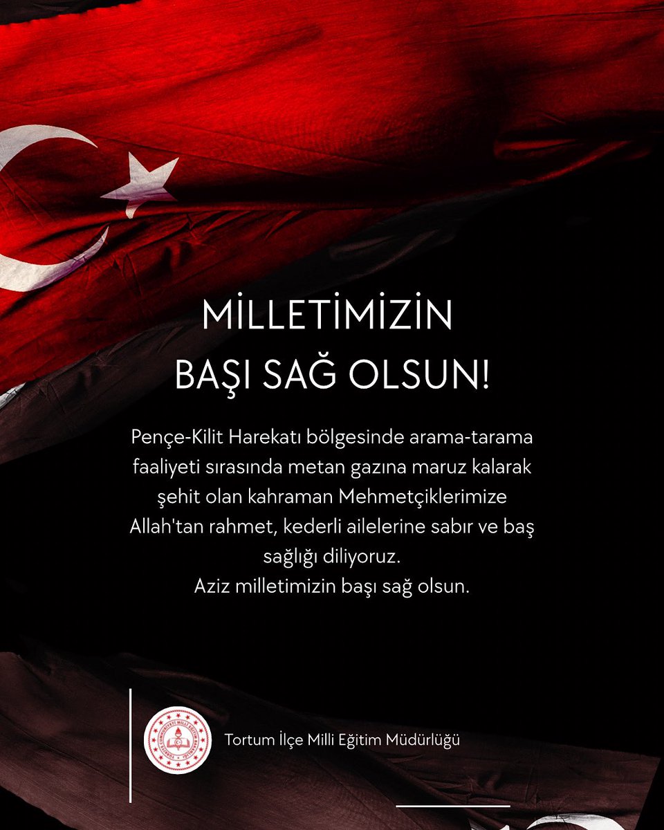 Pençe-Kilit Harekatı bölgesinde arama-tarama faaliyeti sırasında metan gazına maruz kalarak şehit olan kahraman Mehmetçiklerimize Allah'tan rahmet, kederli ailelerine sabır ve baş sağlığı diliyoruz.
Aziz milletimizin başı sağ olsun.