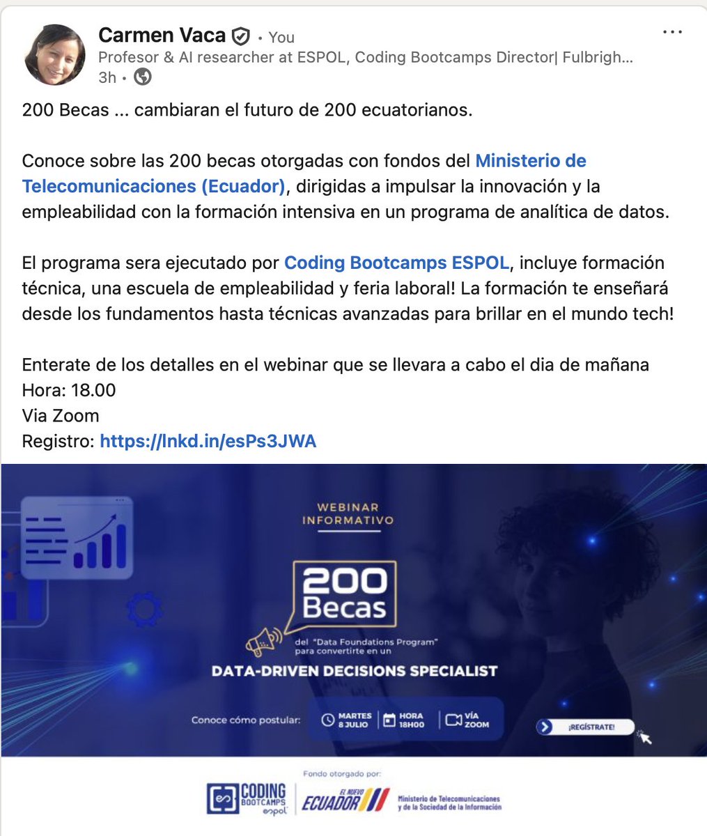 200 becas en areas de Data Science
Enterate de los detalles en el webinar que se llevara a cabo el dia de mañana 
Hora: 18.00
Via Zoom
Registro: bit.ly/becas_mintel_d…

#programacion #empleabilidad #datascience #dataanalytics