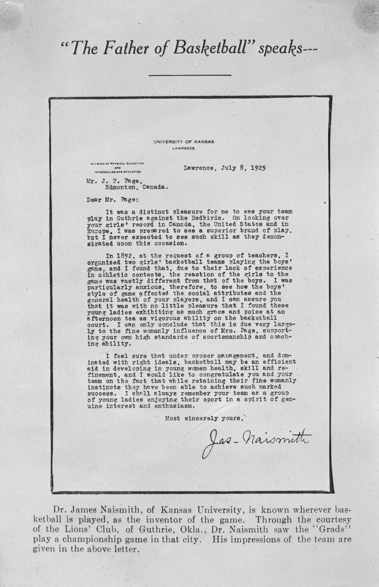 Letter to J. Percy Page from Dr. J. Naismith the inventor of basketball, regarding the Edmonton Grads Basketball Team, 8 July 1925 (A11417).