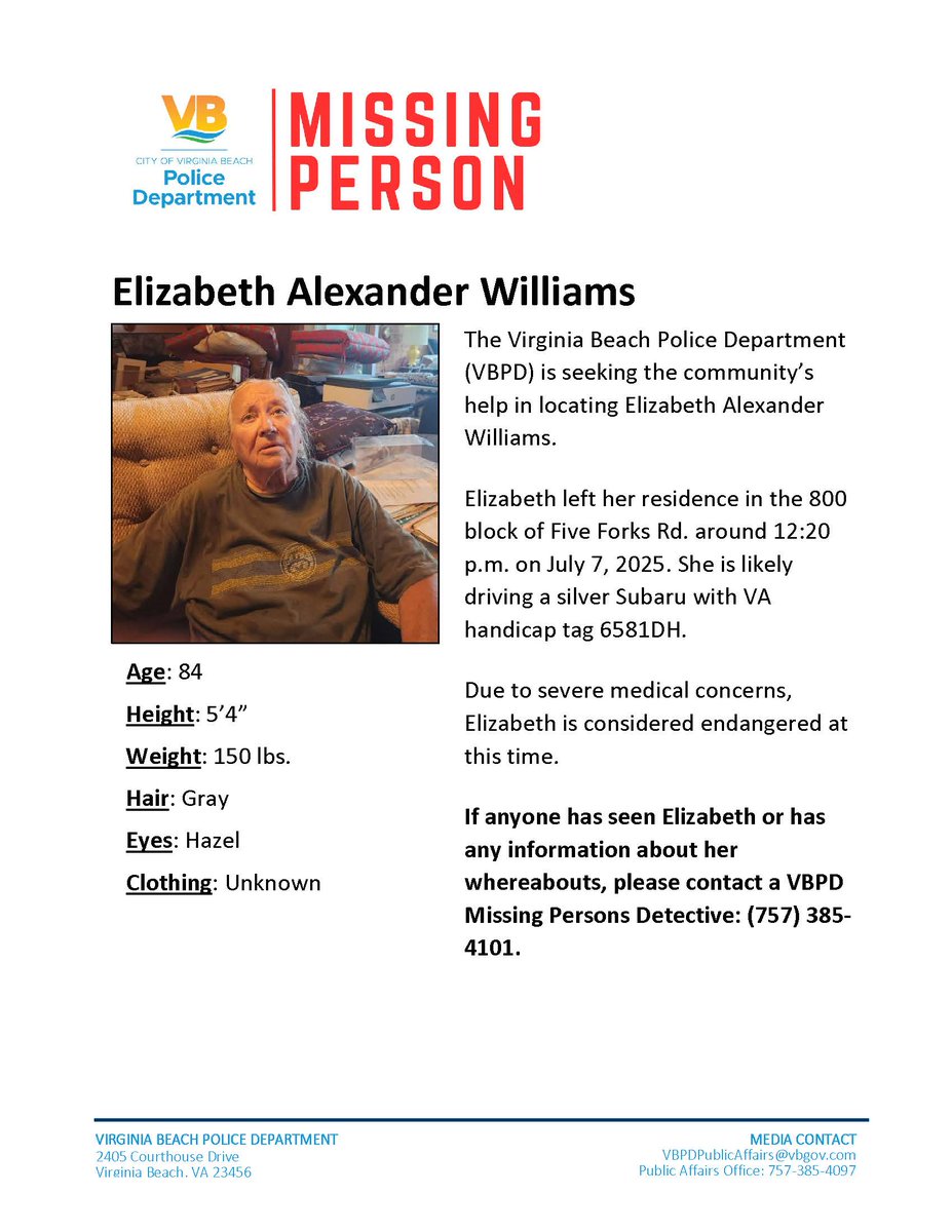 Missing Person Alert – Virginia Beach, VA
Have you seen this missing adult? If you have any information about this person’s whereabouts, please contact a VBPD Missing Persons Detective: (757) 385-4101.

#VBPD #VBPDAlert