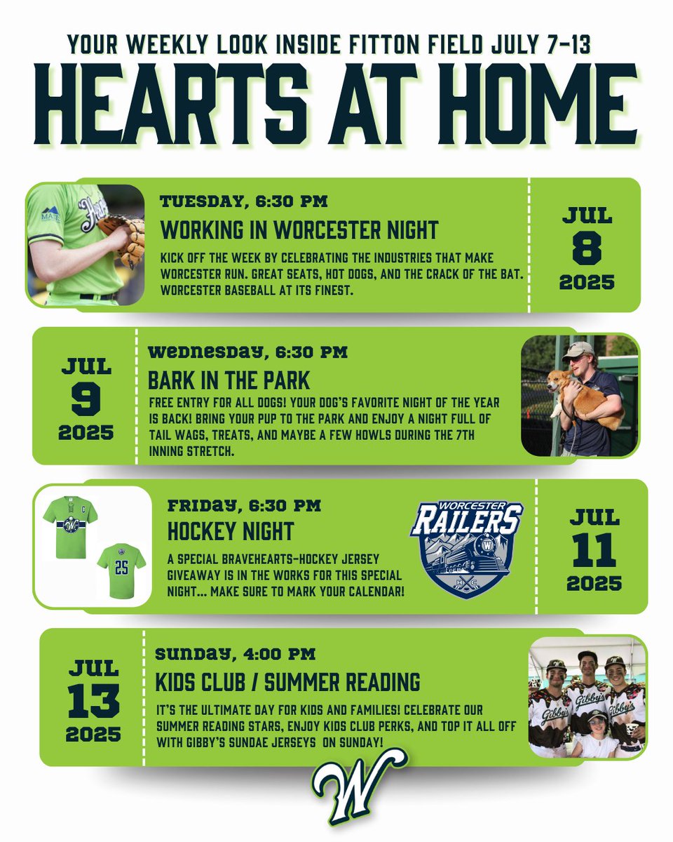 🔥 Fitton Field is stacked this week!
💼 Tues: Working in Worcester
🐶 Wed: Bark in the Park
🏒 Fri: Hockey Night (jersey giveaway!)
📚🍦 Sun: Kids Club + Summer Reading
Don't miss the vibes 💚🎟️
worcesterbravehearts.com