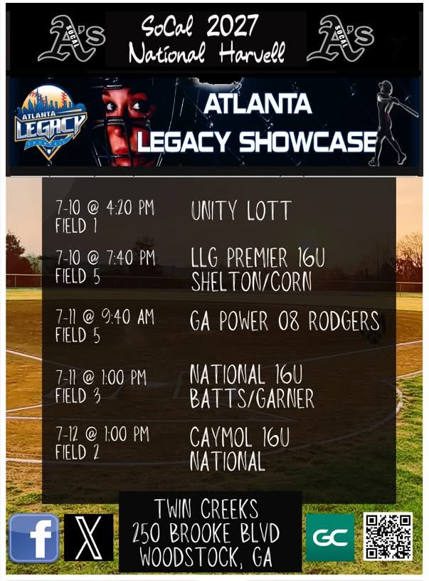 cassiebraddy09's tweet image. I hope everyone had a good 4th of July weekend, I know I sure did after lots of weekends of softball but Iβm so excited to be back with my girls this weekend at the Atlanta Legacy Showcase. Come out and see us!!